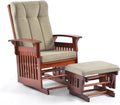Solid Wood Glider Rocking Chair and Ottoman Set, Rustic Nursery Glider Rocker with Padded Cushion, Smooth Rocking Motion Indoor Living Room Nursing Napping Reading, Reddish Brown +Brown