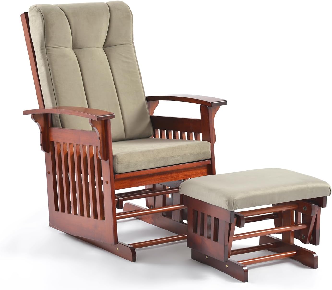 Solid Wood Glider Rocking Chair and Ottoman Set, Rustic Nursery Glider Rocker with Padded Cushion, Smooth Rocking Motion Indoor Living Room Nursing Napping Reading, Reddish Brown +Brown