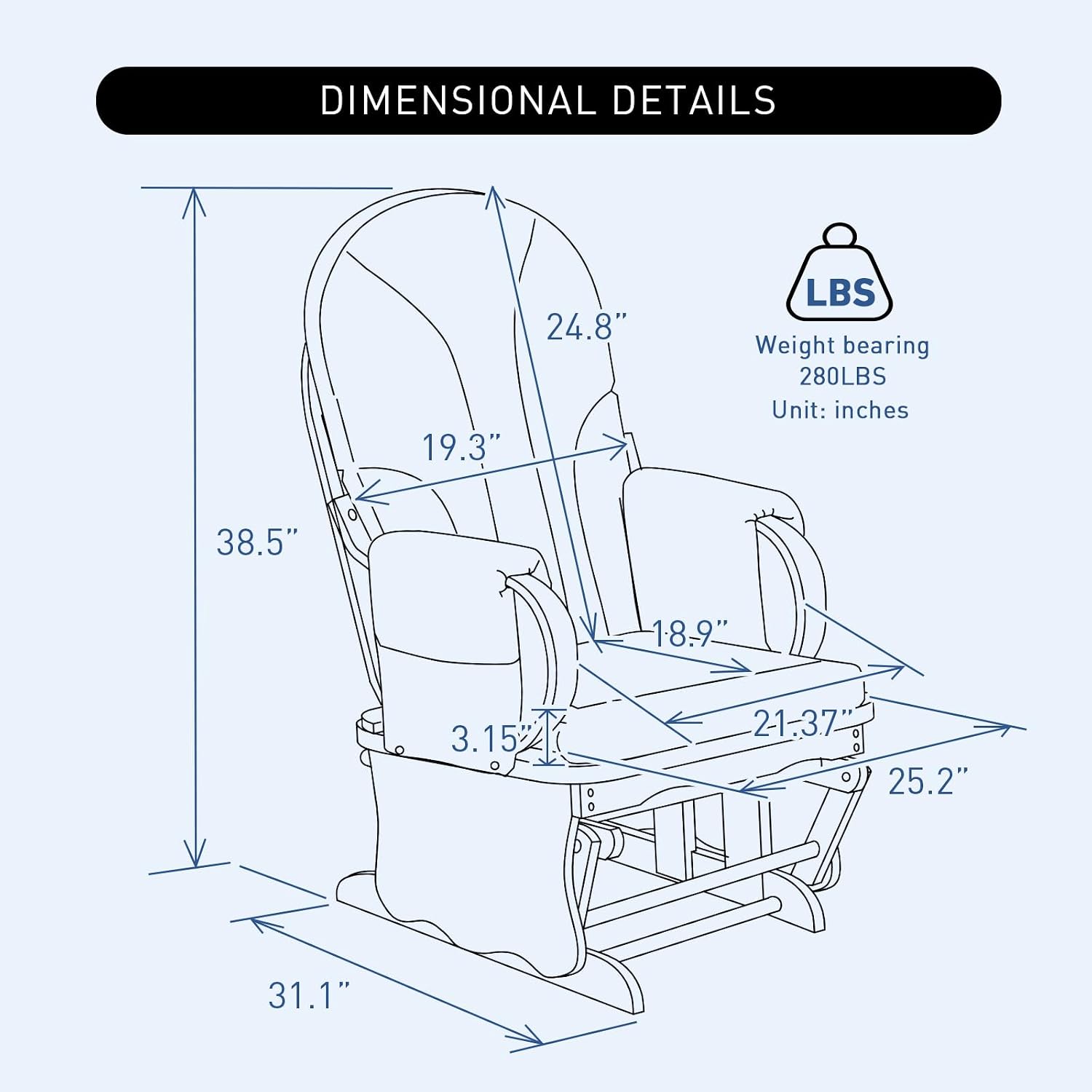 Rubber Wood Gliding Rocking Chair for Nursery, Rocking Chair Glider Rocker with Arm Rest, Padded Cushion for Living Room Bedroom Reading Room, 280lbs Weight Capacity, Blue
