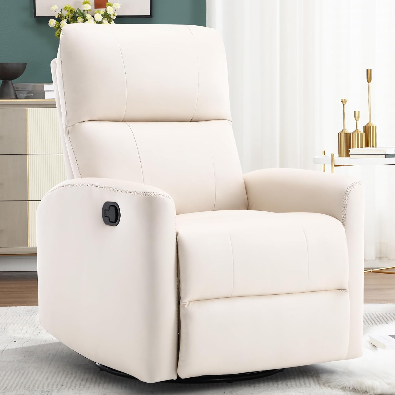 HAOMARKETS Swivel Rocker Recliner Chair, Manual Faux Leather Glider Rocking Recliners for Adults, 360° Swivel Nursery Reclining Sofa with Padded Backrest for Living Room, White