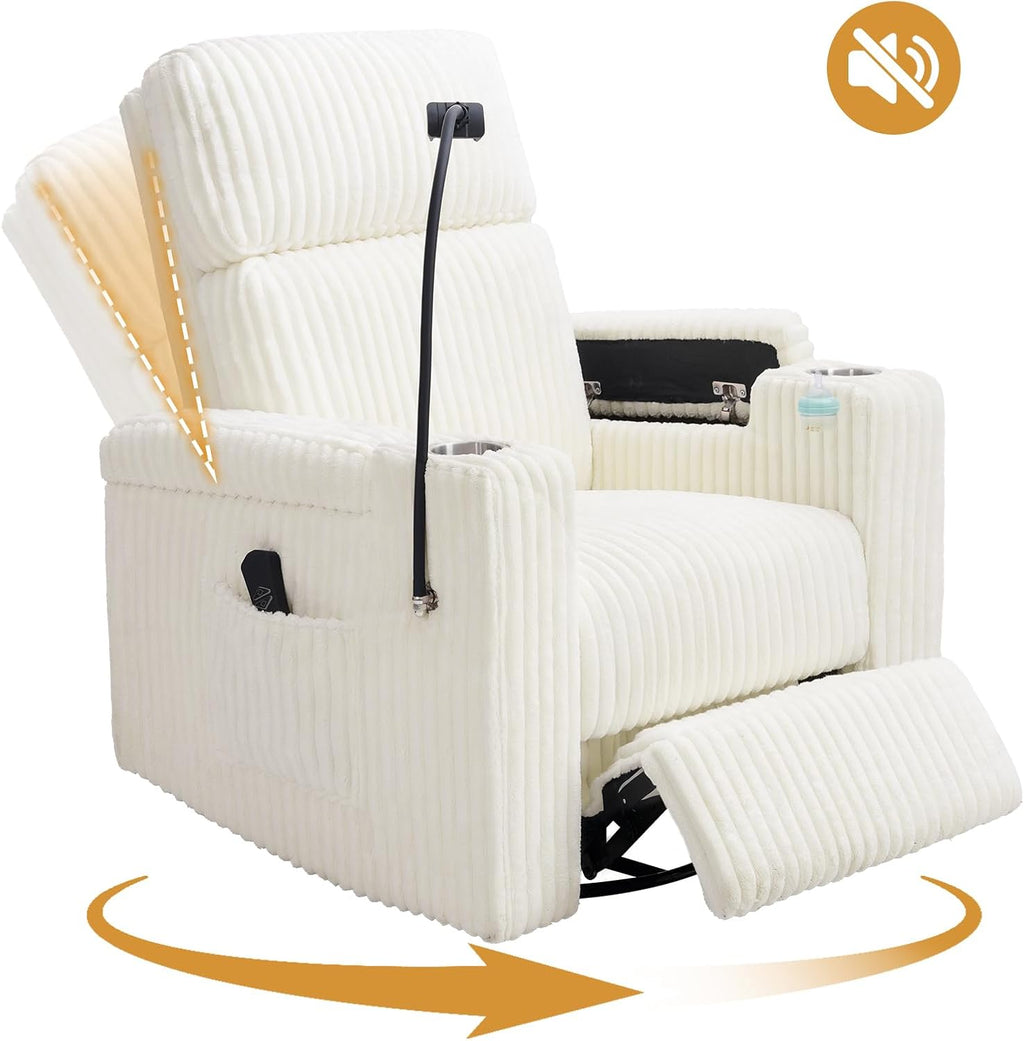 Power Recliner Chair Swivel Glider Rocking Chair Nursery Skin-Friendly Electirc Rocker Nursery Chair with Phone Holder, Hidden Storage, USB Charging, Corduroy Beige