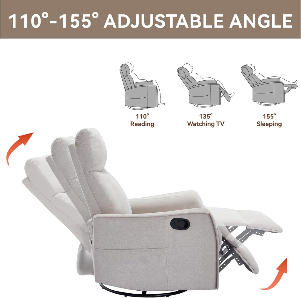 Massage Rocker Swivel Recliner Chair for Adults, Manual Recliner Glider with Lumbar Heating, Technical Flannel Fabric Nursery Glider Rocking Chair with Vibration Massage for Living Room - Beige