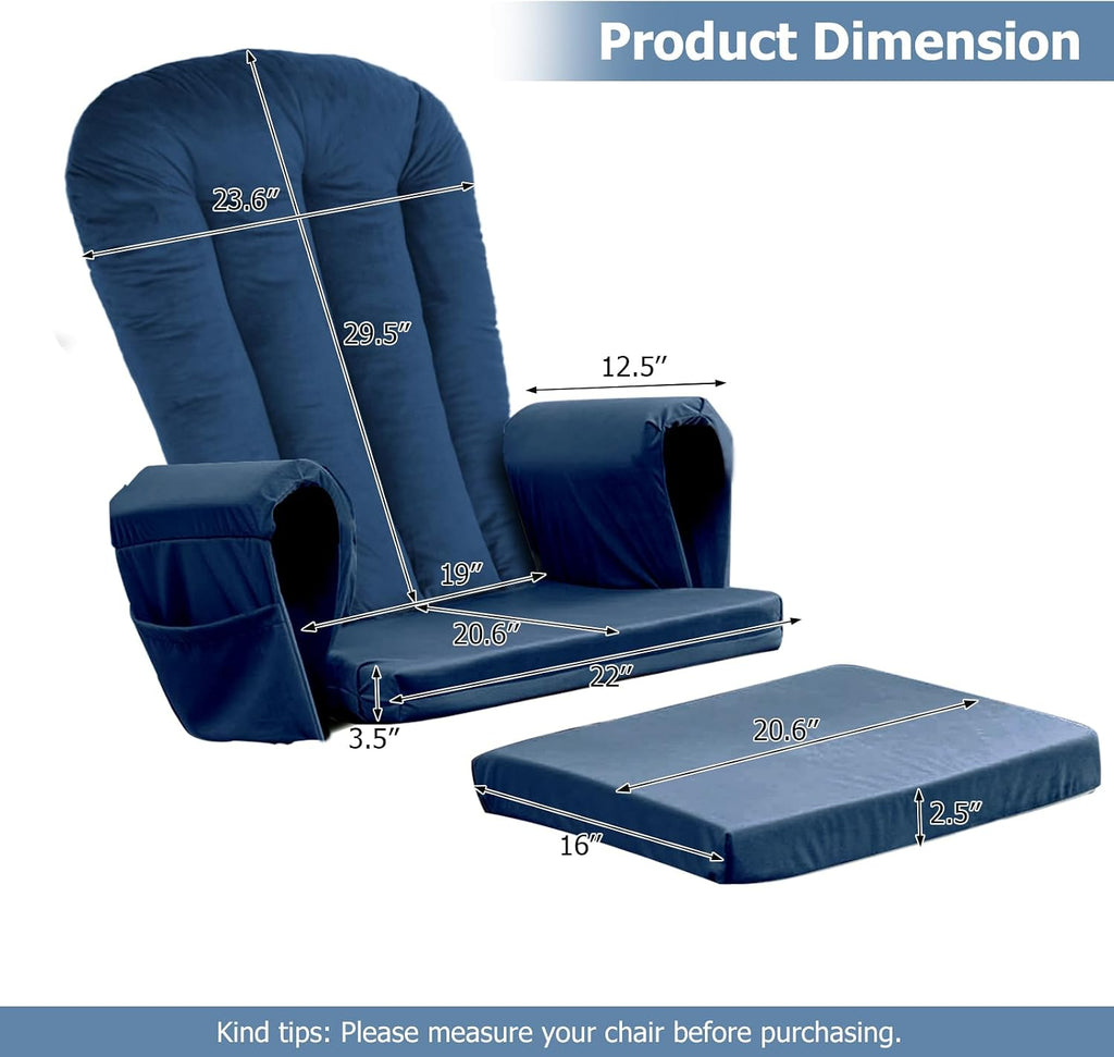 Lucky Monet 5PCS Velvet Glider Rocker Replacement Cushions, Thickened & Supportive Rocking Chair Cushion Set with 29.5 Inch High Backrest & Storage Pockets, for Indoor Nursery Glider & Ottoman, Blue