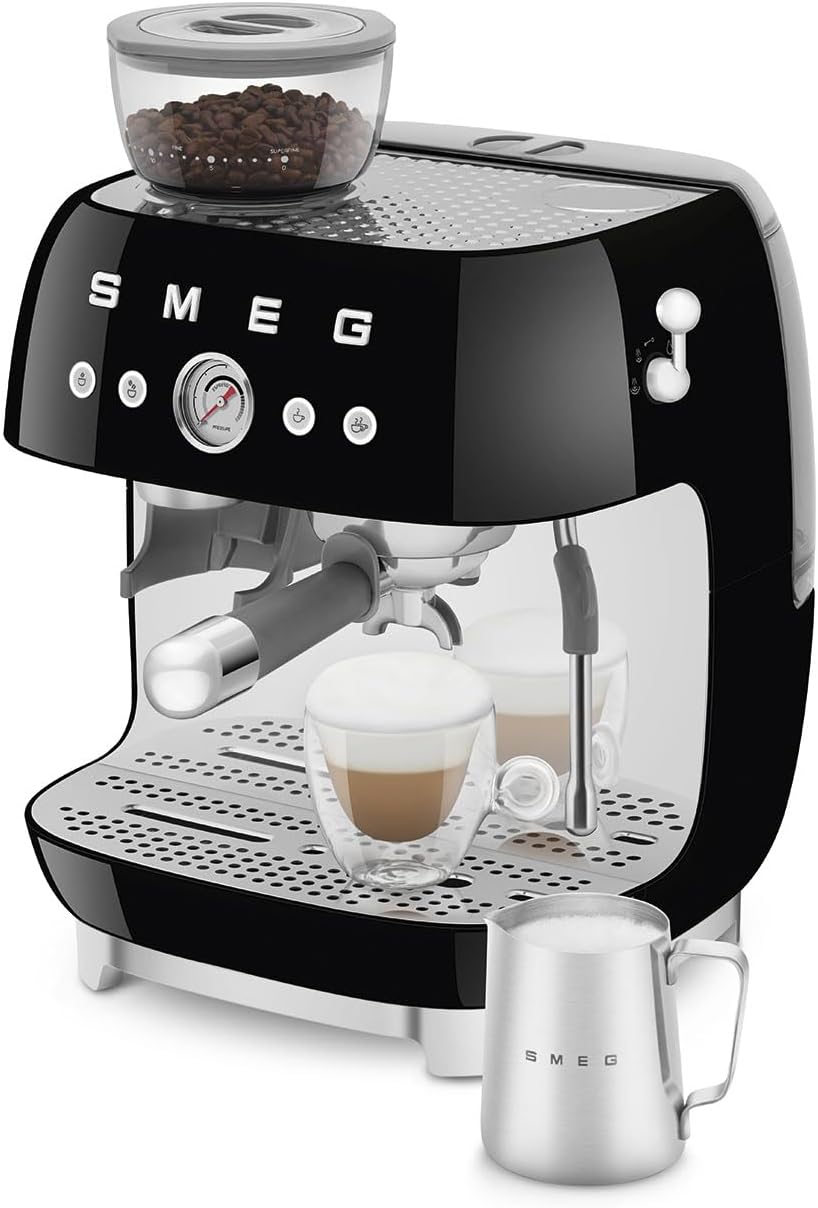 Smeg EGF03 Semi-Automatic Espresso Machine with Built-In Grinder, Dual Thermoblock, 50's Retro Style – Black (120 V)
