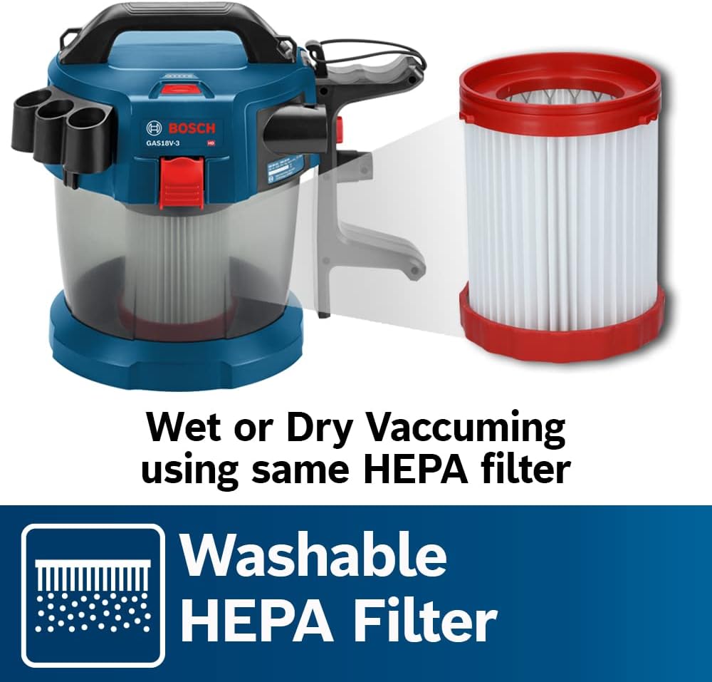 BOSCH GAS18V-3N 18V Cordless Wet Dry Vacuum, 2.6 Gallon Portable Shop Vac & Dust Extractor with HEPA Filter (Bare Tool)