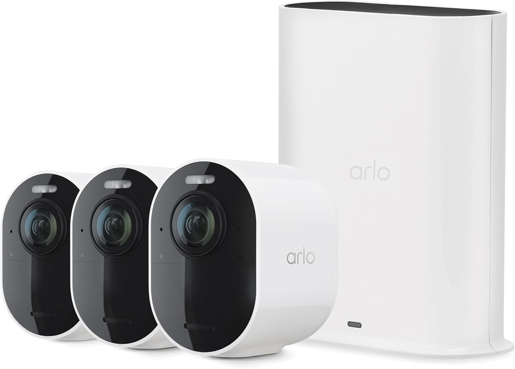 Arlo Ultra Security Camera 4K HDR (2nd Gen, 2020 Release) + SmartHub, Battery Power, Emergency Response, AI Event Captions, 1-Month Trial of Secure Plan, 180° Field of View, 3 Cam, White