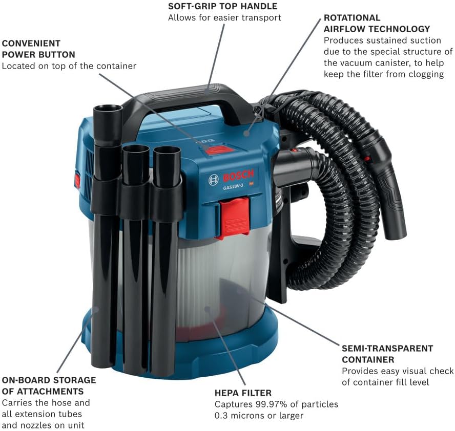 BOSCH GAS18V-3N 18V Cordless Wet Dry Vacuum, 2.6 Gallon Portable Shop Vac & Dust Extractor with HEPA Filter (Bare Tool)