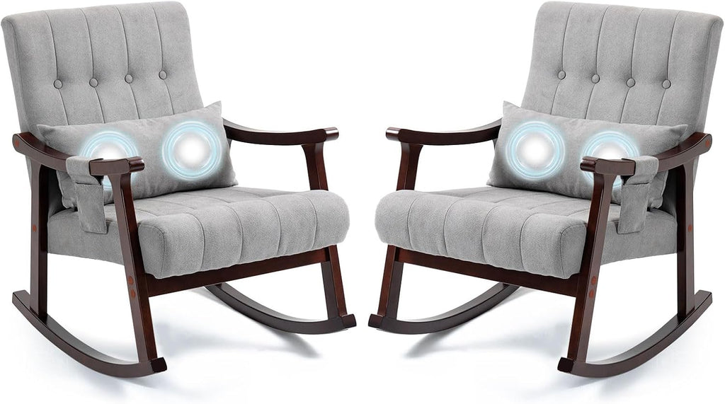 AVAWING Upholstered Rocking Chair Set of 2, Small Fabric Glider Rocker with 2-Point Massage Lumbar Pillow and Solid Wood Legs, for Bedroom and Living Room, Light Grey