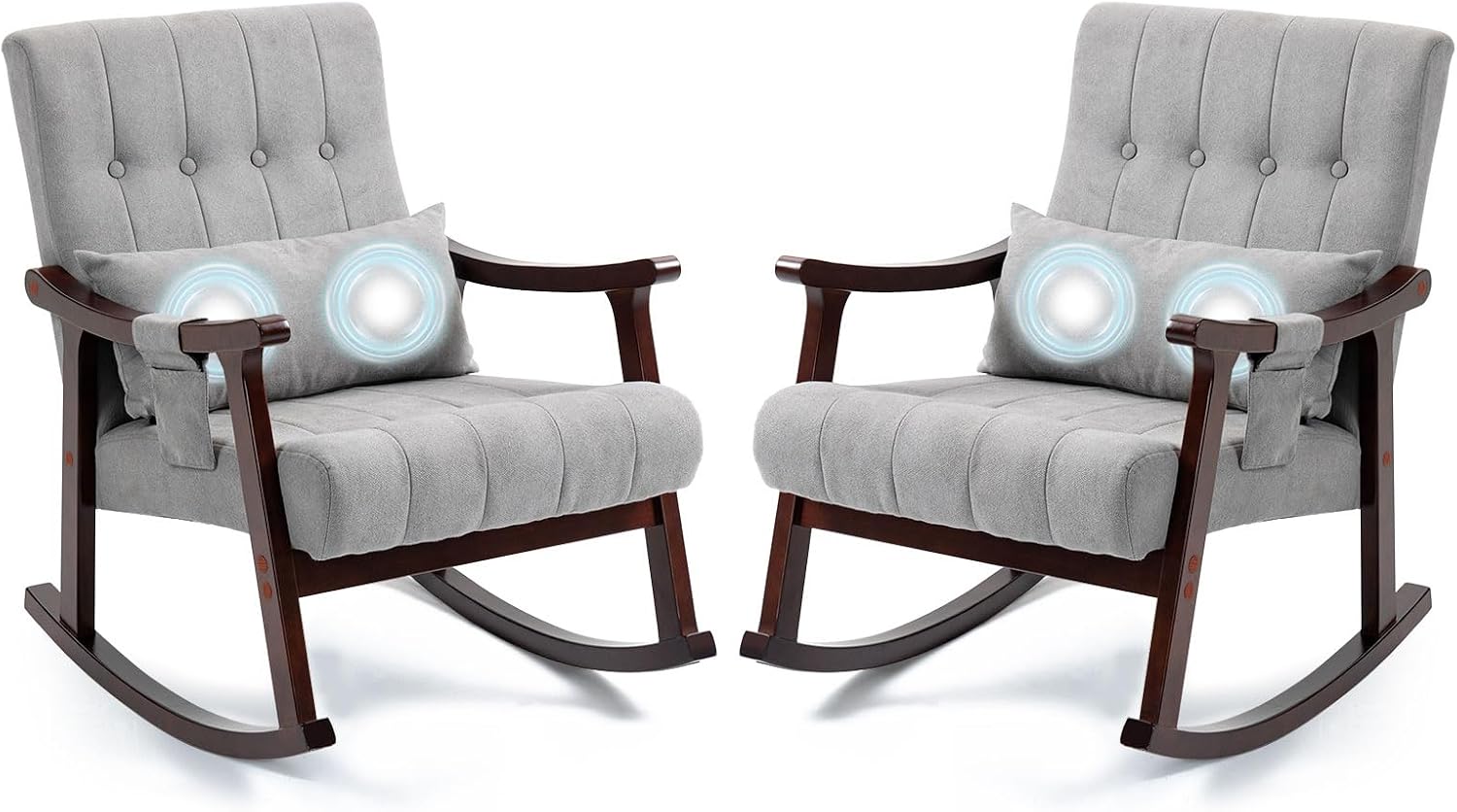 AVAWING Upholstered Rocking Chair Set of 2, Small Fabric Glider Rocker with 2-Point Massage Lumbar Pillow and Solid Wood Legs, for Bedroom and Living Room, Light Grey