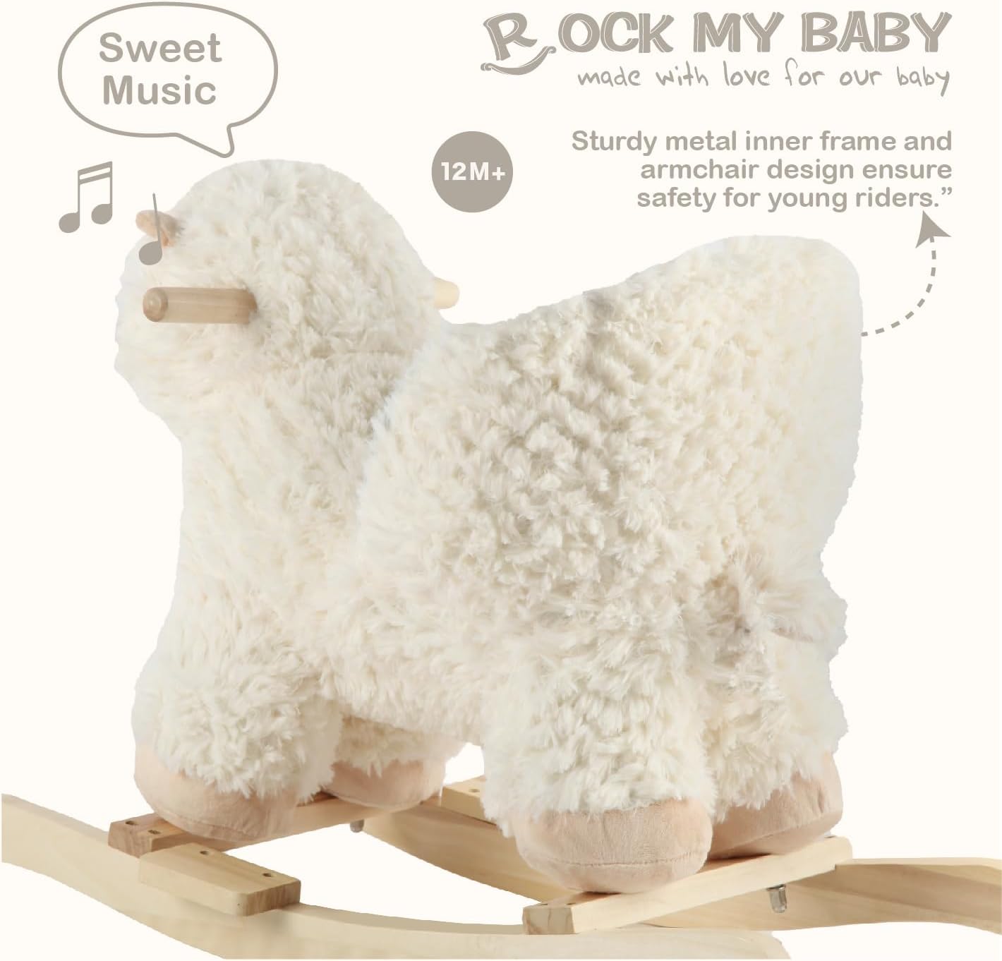 Rock My Baby Baby Rocking Horse Alpaca Llama with Chair, Plush Stuffed Animal Rocker for Toddlers 1-3, Wooden Rocking Toy Llama Animal, Cream Llama,CPC Certified