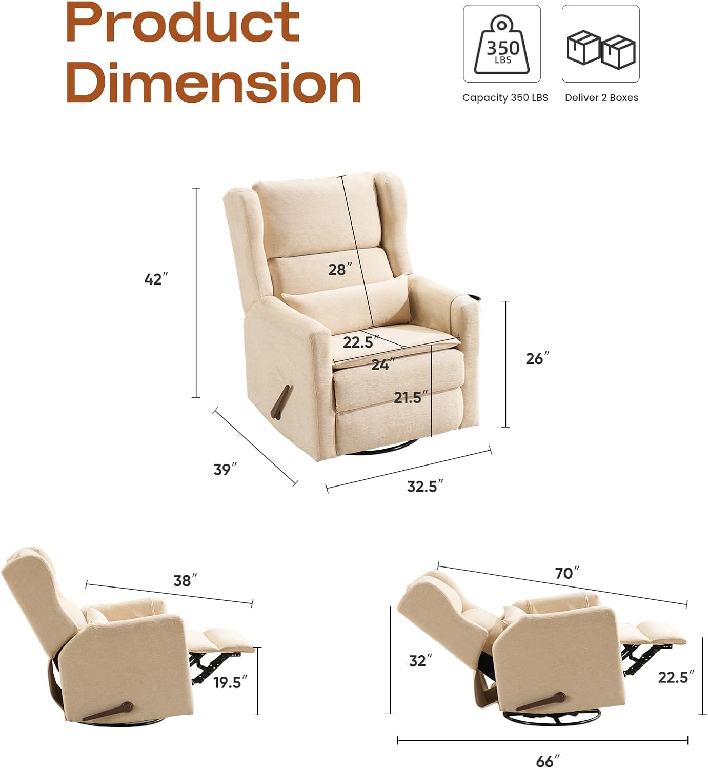 Rocking Chair Nursery with Adjustable Headrest,Comfy Swivel Rocker Recliner with Lumbar Support, Manual Nursery Chair Rocker Recliner with Cup Holder and Side Pockets, Beige