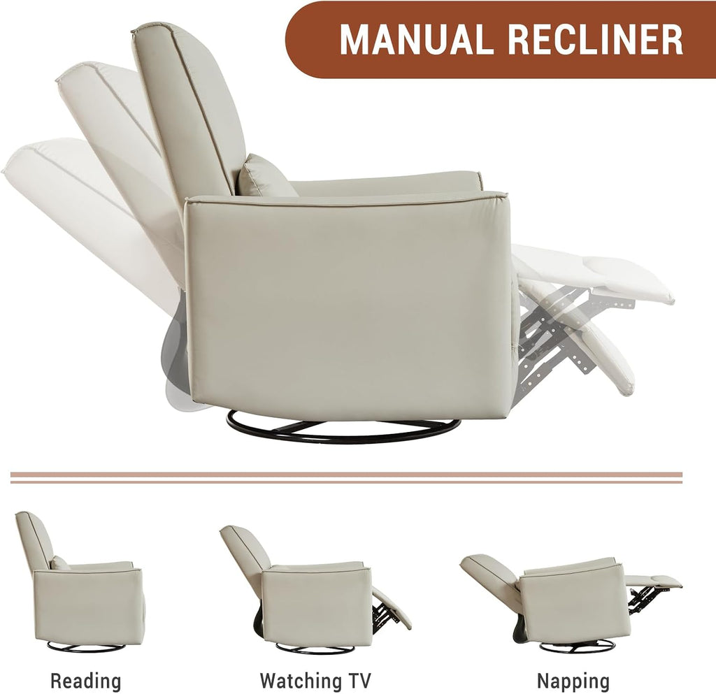 GAOMON Swivel Rocking Recliner Chair, Manual Leather Recliner Glider with Lumbar Support & Padded Armrest, Comfortable Rocker Nursery Single Sofa for Living Room and Bedroom (White)