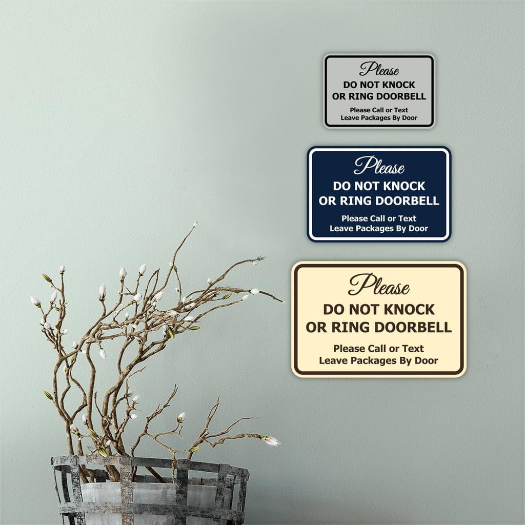 Signs ByLITA Classic Framed Please Do Not Knock Or Ring Doorbell Wall or Door Sign - Easy Installation | Mail Delivery Instruction | Do Not Disturb (Black/Silver) - Large 10 Pack