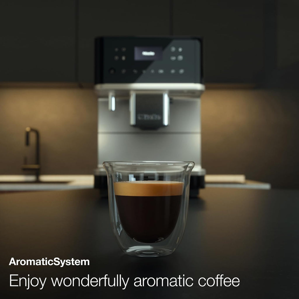 Miele CM 6360 MilkPerfection Automatic Coffee Machine - OneTouch for Two, AromaticSystem, 8 individual profiles, DoubleShot, WiFi-compatible, LED lighting, in Obsidian Black CleanSteel Metallic