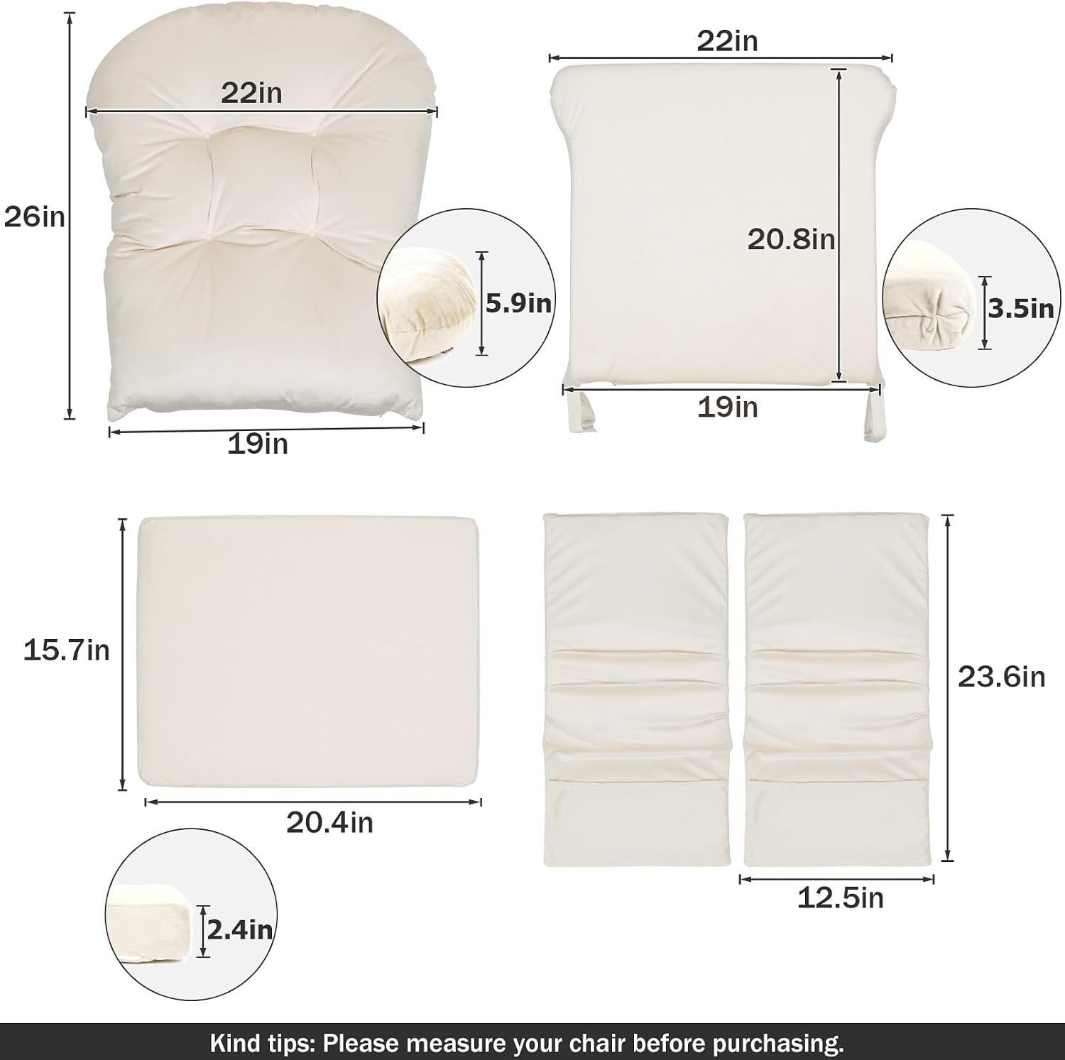 5PCS Glider Rocker Replacement Cushions Thick Soft Velvet Glider Cushions Replacement Set with Ottoman Cushion and Storage Pockets for Nursery Wooden Rocking Chair, Beige