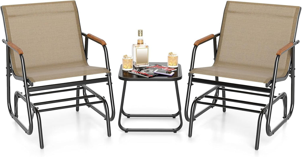Giantex 3-Piece Outdoor Glider Set, 2-Pack Rocking Chairs with Small Tempered Glass Coffee Table, Metal Frame, Porch Rocker, Patio Bistro Set for Outside, Garden, Backyard, Balcony, Brown