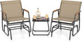 Giantex 3-Piece Outdoor Glider Set, 2-Pack Rocking Chairs with Small Tempered Glass Coffee Table, Metal Frame, Porch Rocker, Patio Bistro Set for Outside, Garden, Backyard, Balcony, Brown