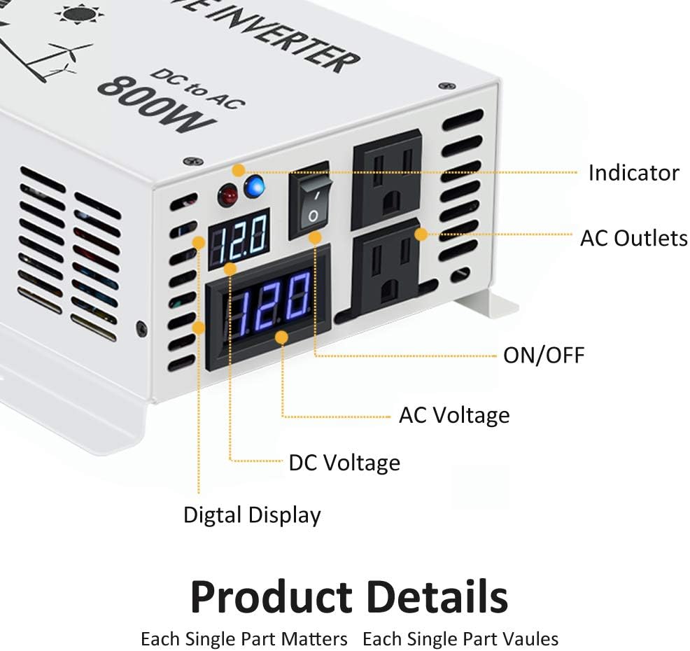 WZRELB 800w 12v 120v DC AC Power Inverter Converter Pure Sine Wave Solar Generator for Home