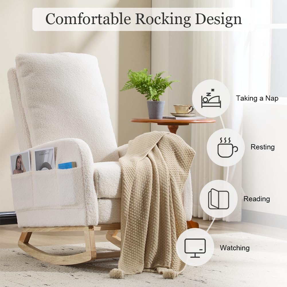 Rocking Chair Nursery with Foot Rest, Sherpa Nursing Rocking for Mom Nursery Rocker Chair with High Straight Backrest, Armchair Rocker Glider with Side Pocket for Living Room, Bedroom, Teddy White