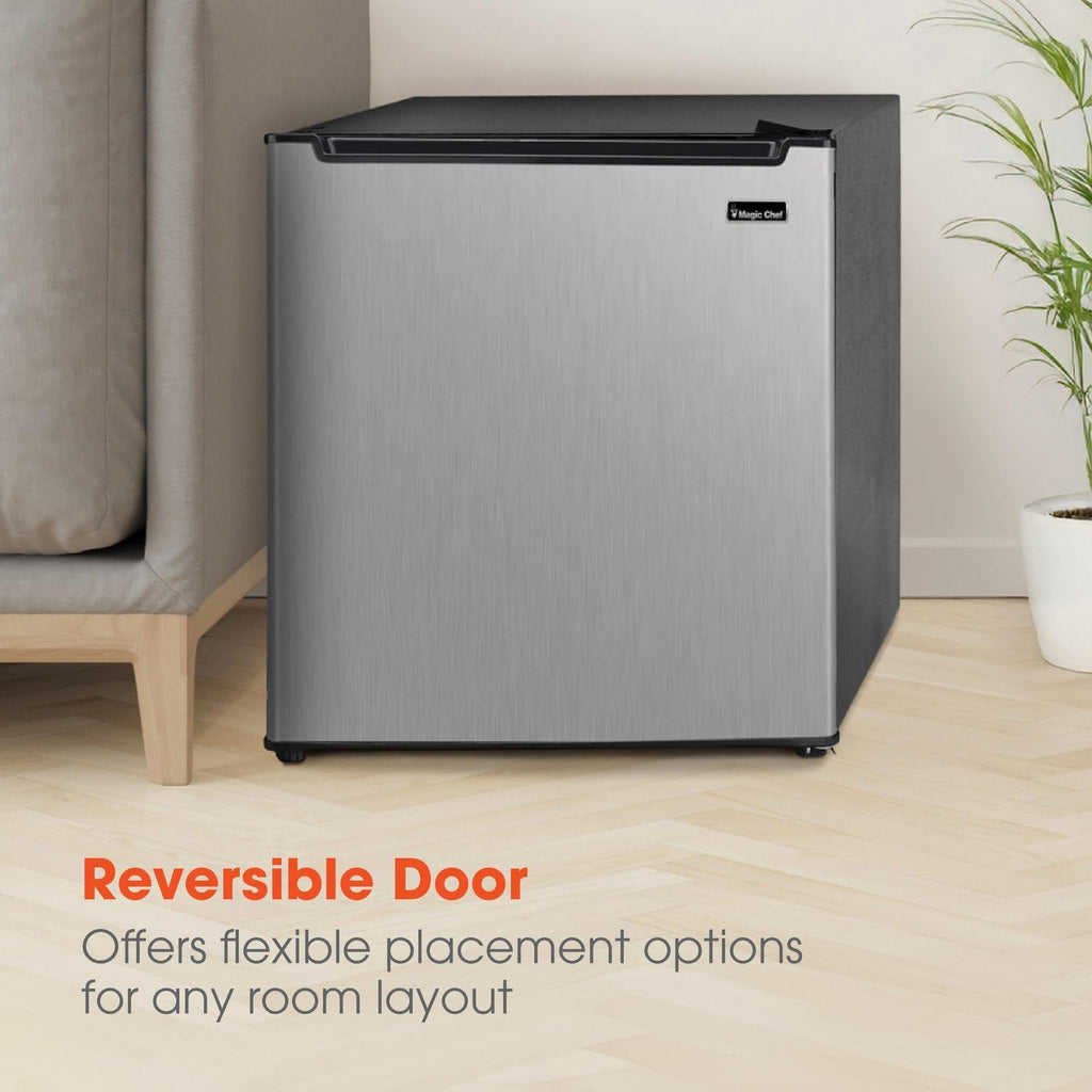 Magic Chef 1.7-cu. ft. Mini Fridge in Stainless Steel, Small Compact All Refrigerator with No Freezer for Bedroom, Apartment, Dorm Room, Office