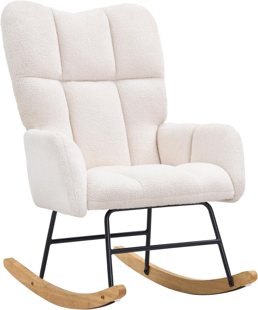 VEVOR Rocking Chair Nursery, Glider Rocking Chair with Soft Seat and High Backrest, 250 lbs Weight Capacity Teddy Fabric, Upholstered Glider Rocker Chair for Nursery, Bedroom, Living Room, Ivory White