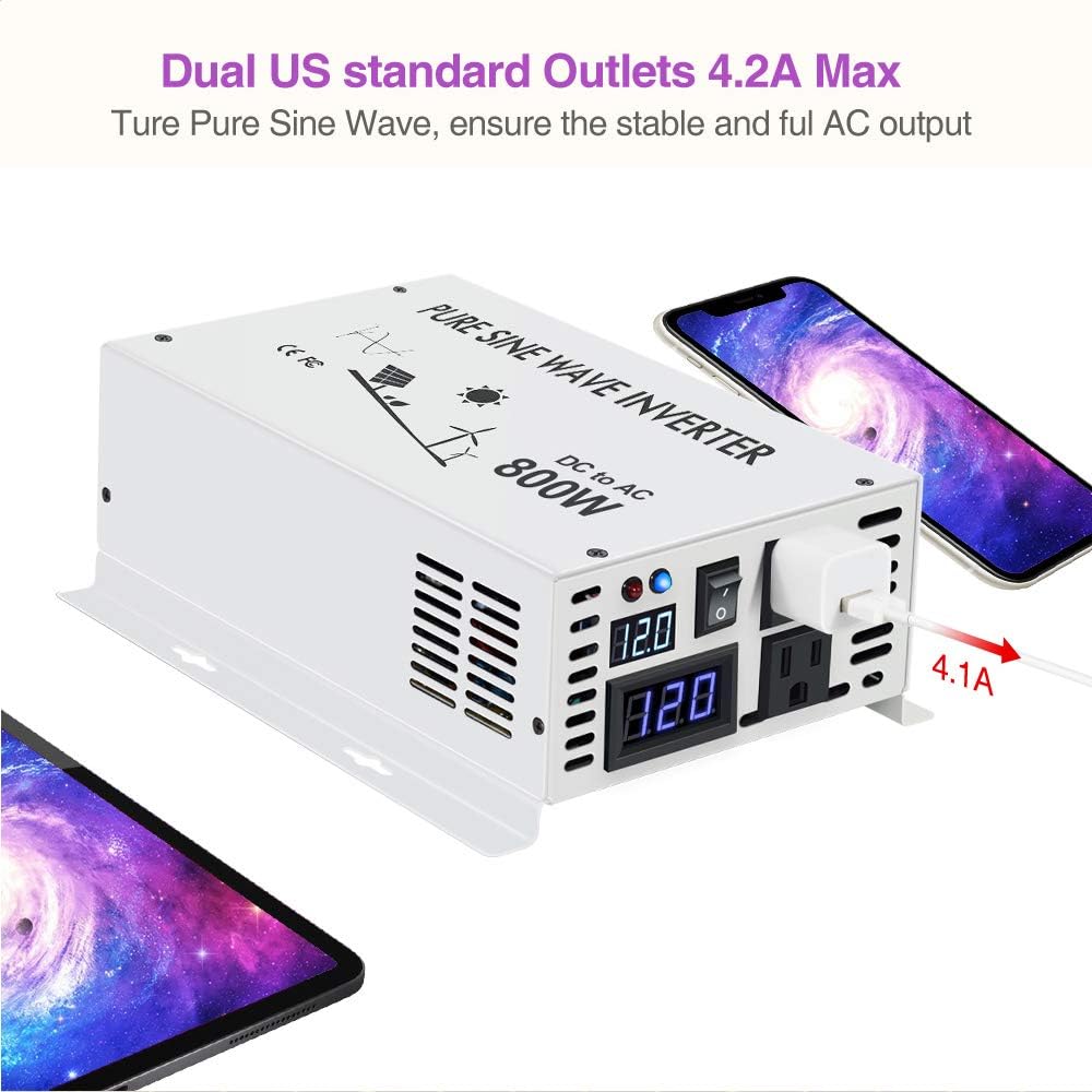 WZRELB 800w 12v 120v DC AC Power Inverter Converter Pure Sine Wave Solar Generator for Home