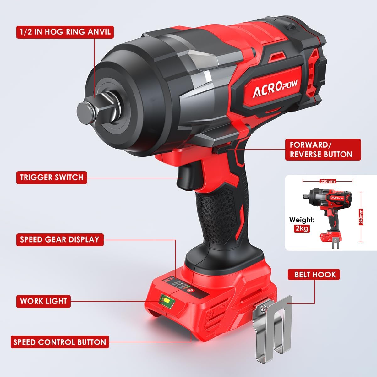 ACROPOW Cordless Impact Wrench Compatible with Milwaukee 18V Battery， 1/2' 1700FT-LBS Brushless High Torque Impact Driver, Auto-Stop Reverse, Variable Speed Heavy Duty Impact Gun(Bare Tool)
