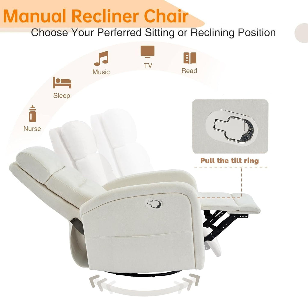 Swivel Rocker Recliner for Nursery, Upholstered Swivel Recliner Chairs, Glider Rocking Chairs Nursery Recliner, White Reclining Rocking Chairs for Living Room, Bedroom, Chenille Fabric