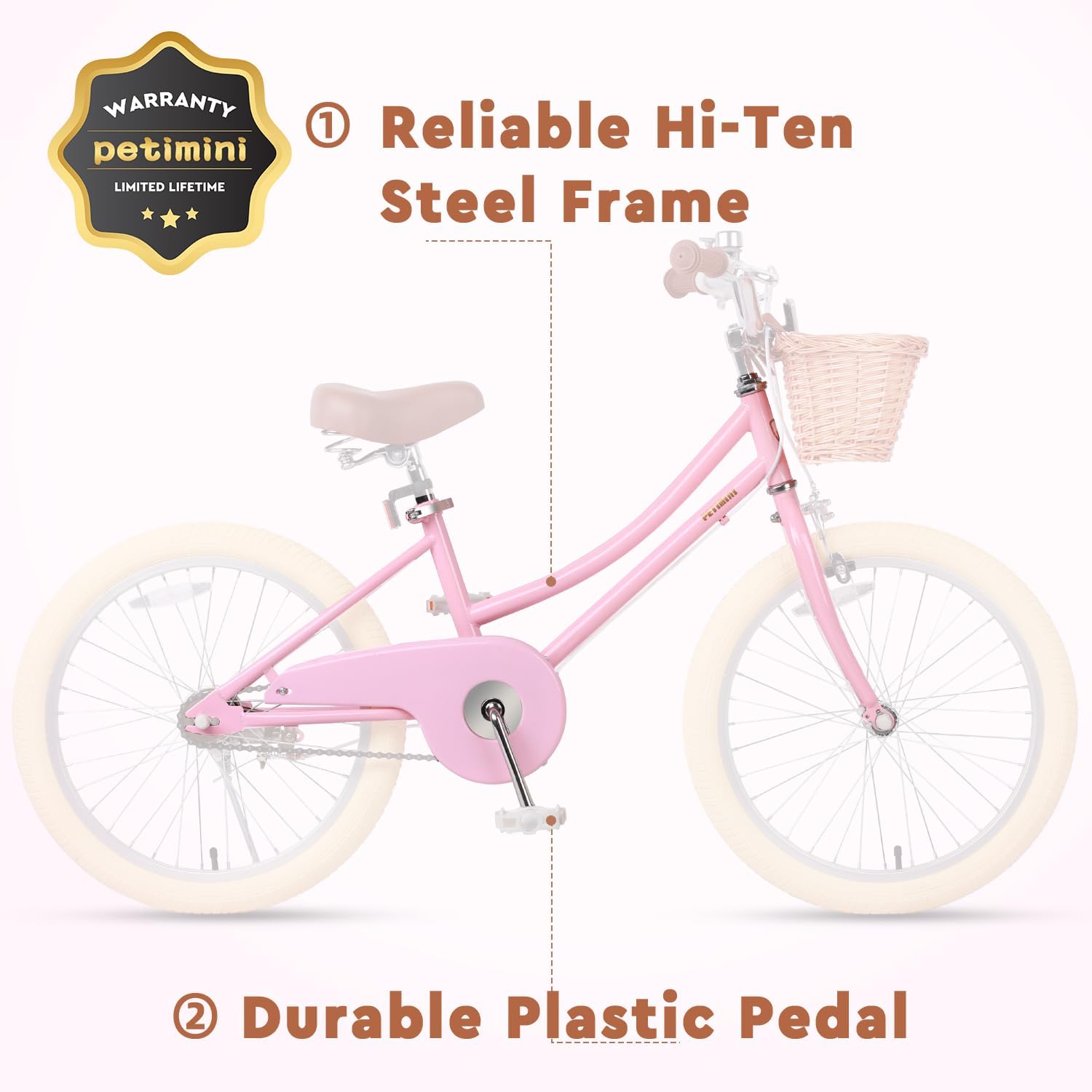 Petimini Vintage Kids Bike for Girls, 12–20 Inch Classic Bicycle with Wicker Basket & Bell, High Tensile Steel Frame, Training Wheels (12–18'), 85% Pre-Assembled, Retro Bike for Outdoor Riding