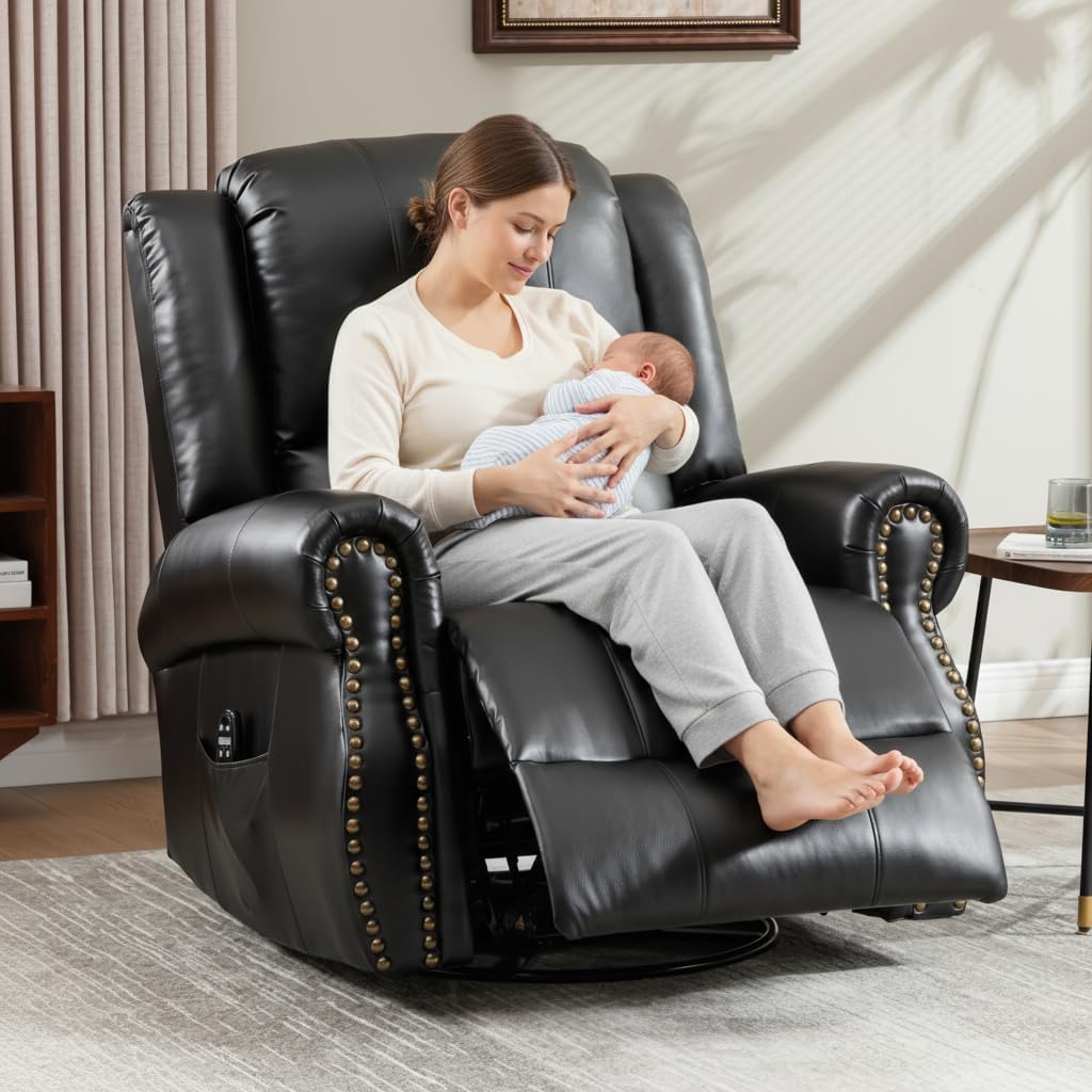 PELUMY Breathable Leather Swivel Rocking Recliner Chair for Adults, 360° Swivel Glider Rocker with Heat & Vibrating Massage, Lounge Chair for Living Room, Bedroom, Nursery (Black)
