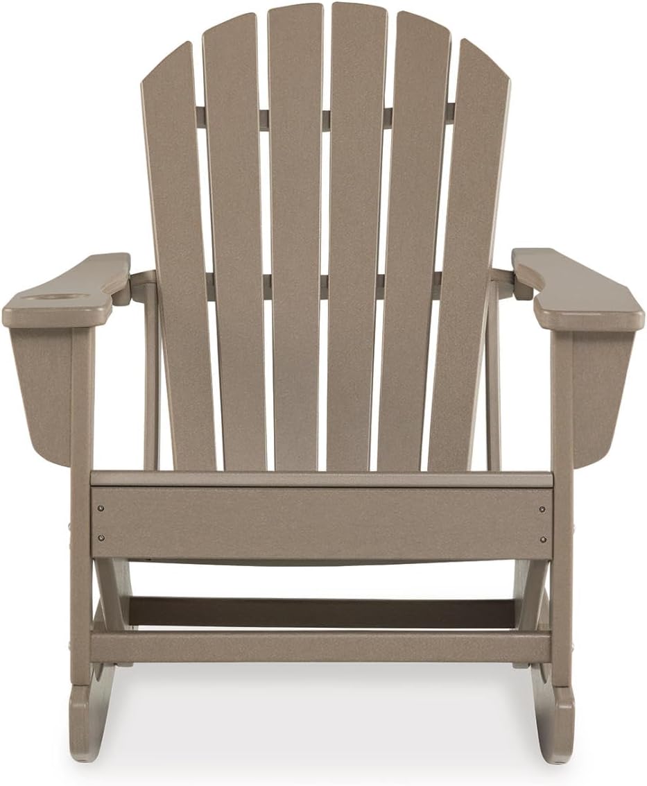 Signature Design by Ashley Sundown Treasure Cottage Weather Resistant Outdoor Rocking Chair with 1 Cup Holder, Light Brown