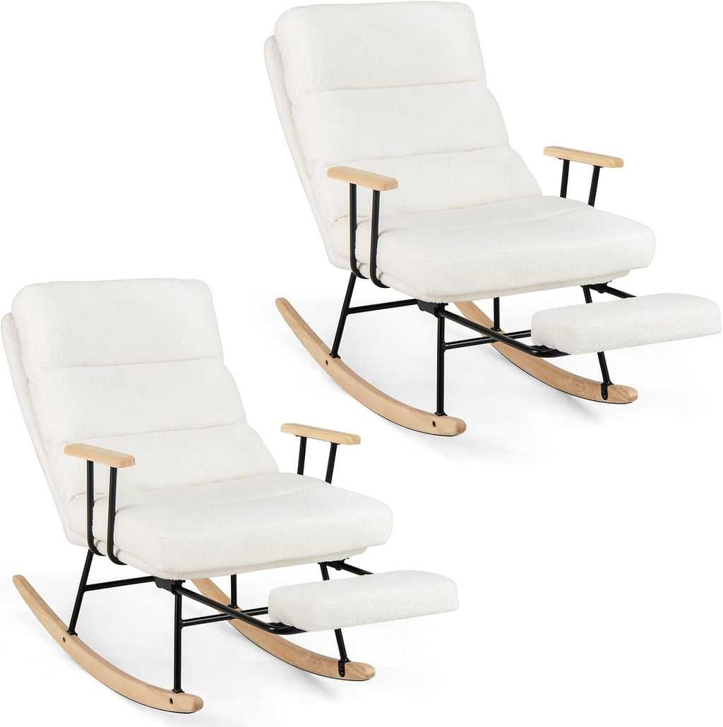 Giantex Rocking Chair Nursery, Teddy Upholstered Rocker Chair w/ 5-level Adjustable Backrest & Retractable Footrest, Rubber Wood Legs & Felt Foot Pads, Modern Accent Chair for Living Room, Bedroom (2)