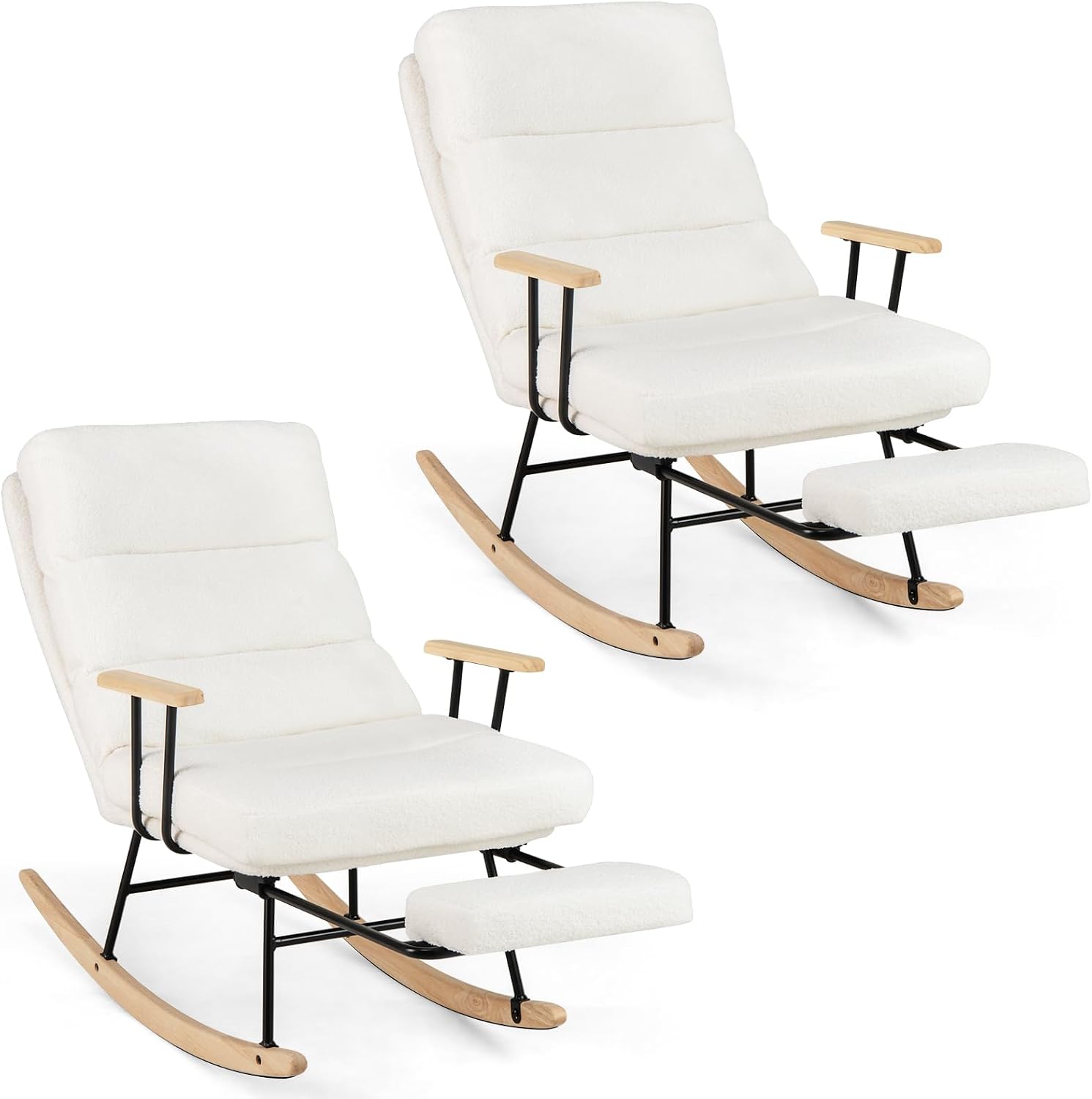 Giantex Rocking Chair Nursery, Teddy Upholstered Rocker Chair w/ 5-level Adjustable Backrest & Retractable Footrest, Rubber Wood Legs & Felt Foot Pads, Modern Accent Chair for Living Room, Bedroom (2)