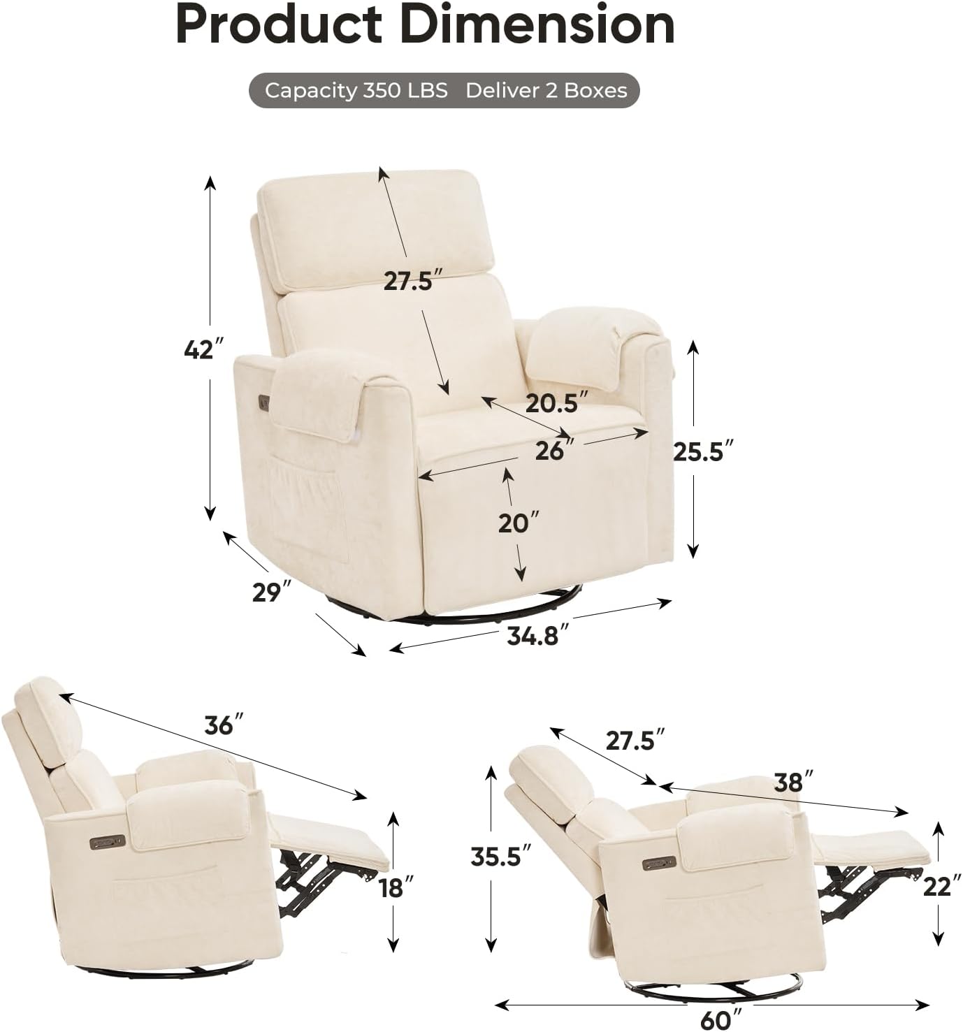 Oversized Power Rocker Recliner Chair, 26' Extra Wide Swivel Recliner with Adjustable Headrest, Chenille Glider Rocking Nursery Chair with Overstuffed Armrest, USB Ports, Cream