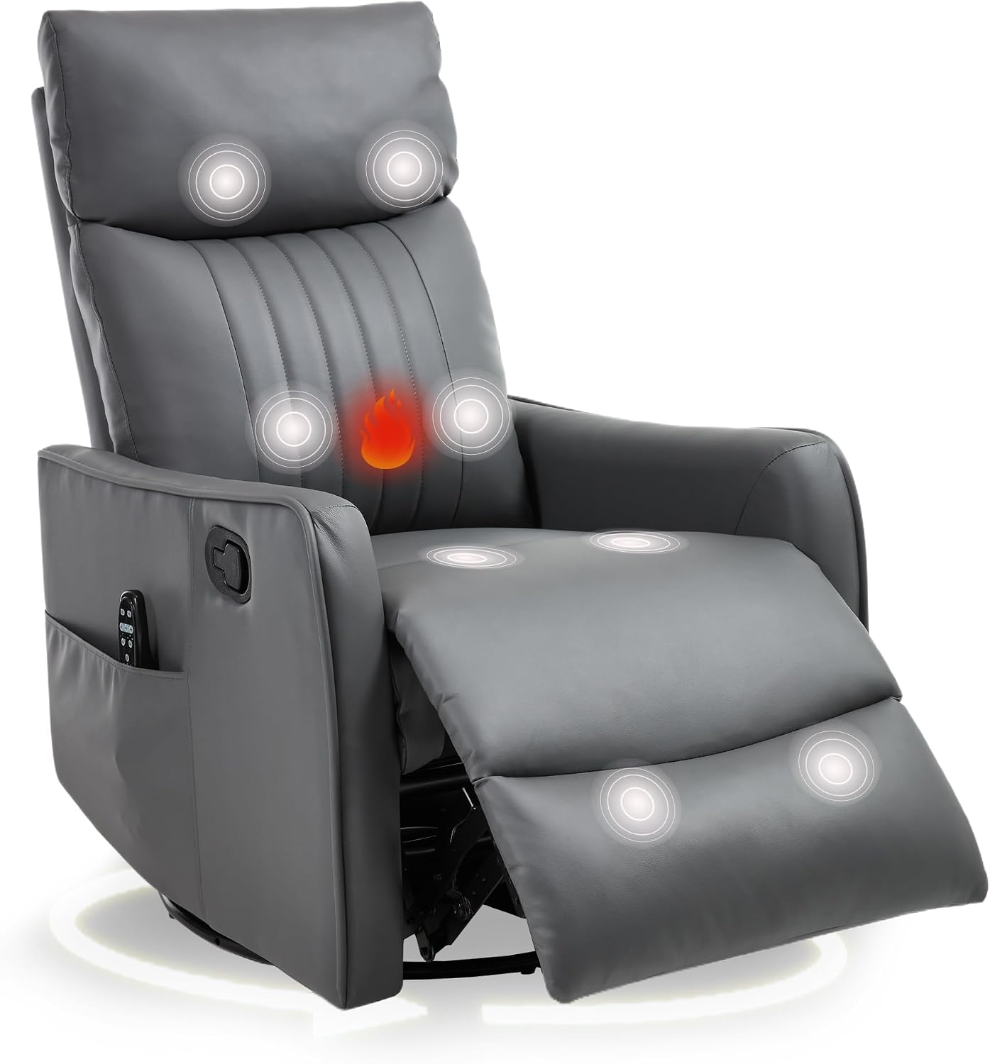 cinkehome Heated Massage Swivel Rocker Recliner Chair for Nursery - Small Space Reclining Chair with Lumbar Support, 360° Swivel & Gentle Rocking, Ergonomic High Back Faux Leather Gray