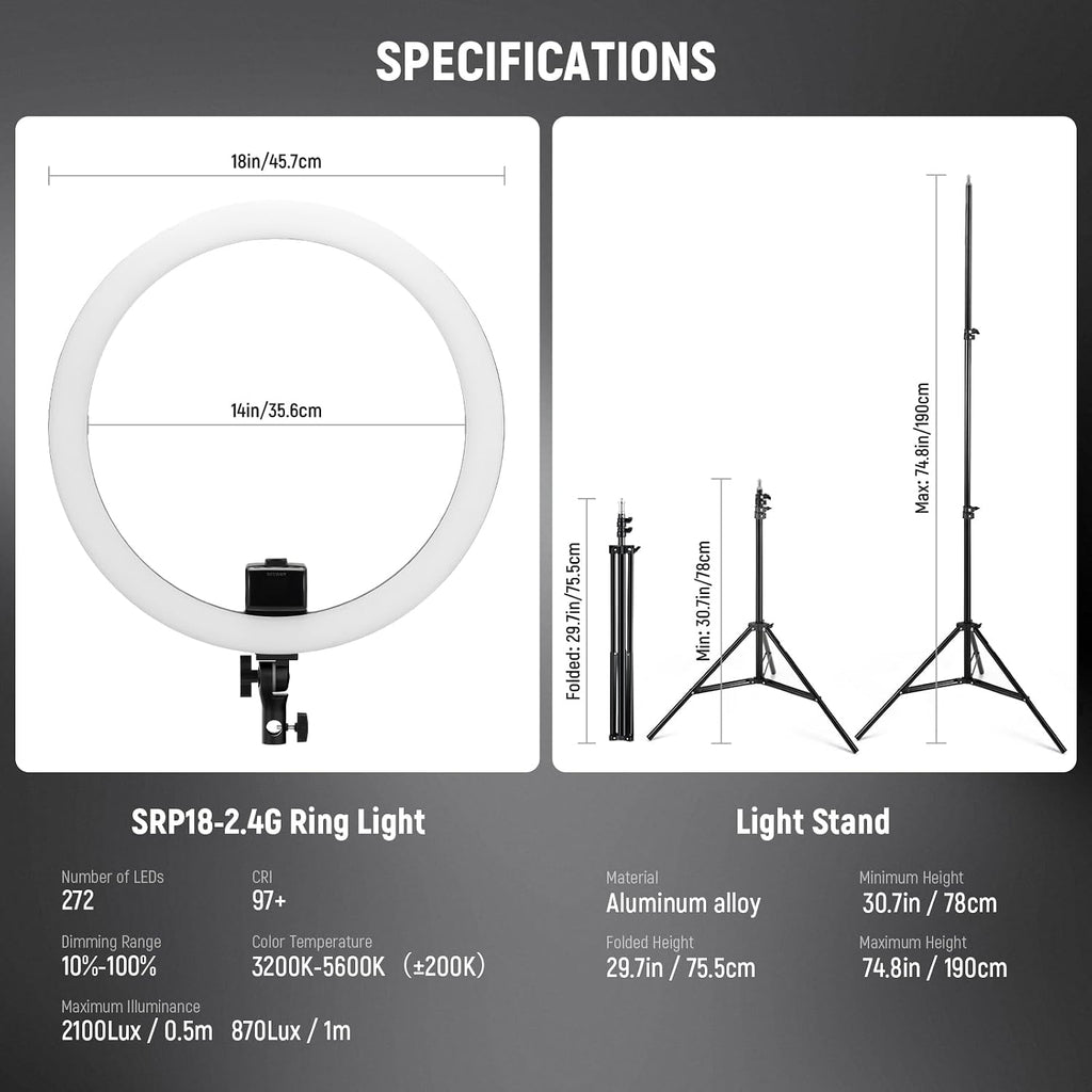 NEEWER Advanced 18' LED Ring Light with Tripod Stand Phone Holder for iPhone Samsung Android Phones for Makeup YouTube Video Blogger Salon (Black)