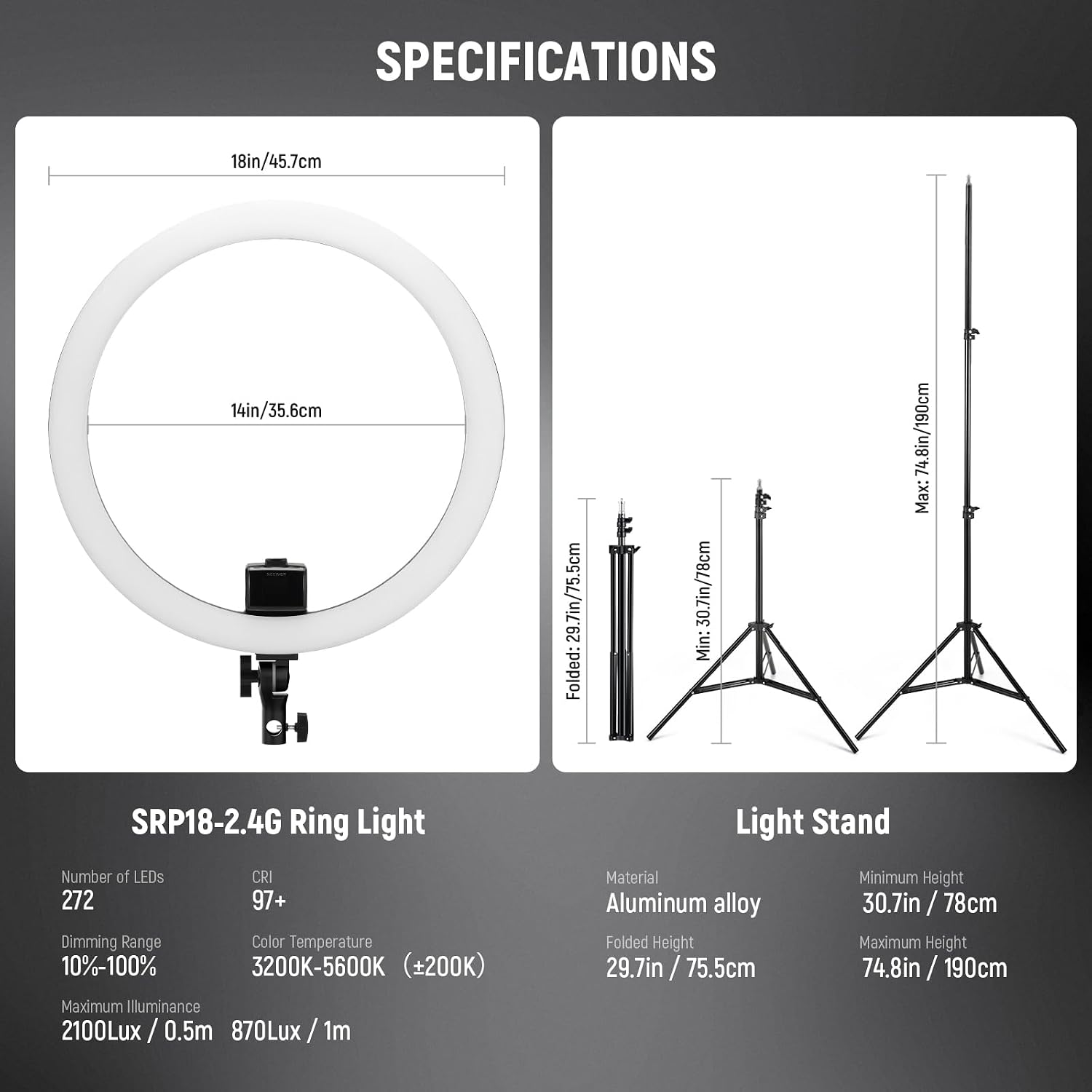 NEEWER Advanced 18' LED Ring Light with Tripod Stand Phone Holder for iPhone Samsung Android Phones for Makeup YouTube Video Blogger Salon (Black)