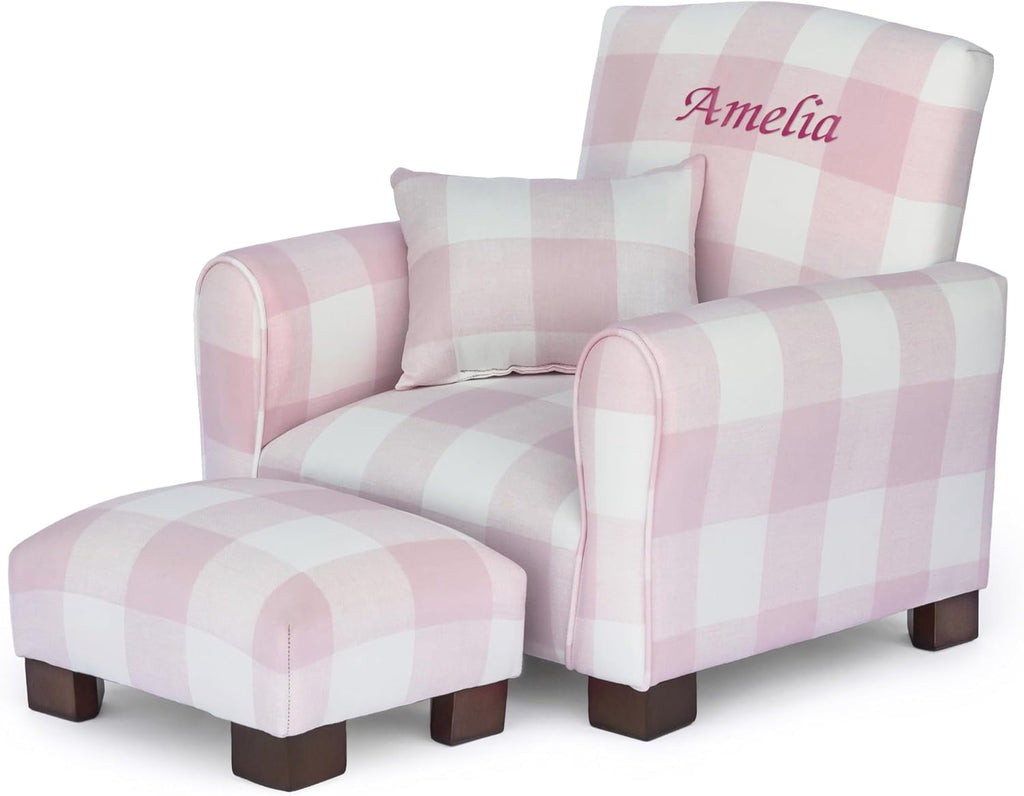 Toddler Personalized Armchair, Kids Upholstered Rocking Chair with Personalization, Toddler Chair with Personalized Name, Comfy Child Armchair (Legs, Pink Check)