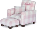 Toddler Personalized Armchair, Kids Upholstered Rocking Chair with Personalization, Toddler Chair with Personalized Name, Comfy Child Armchair (Legs, Pink Check)