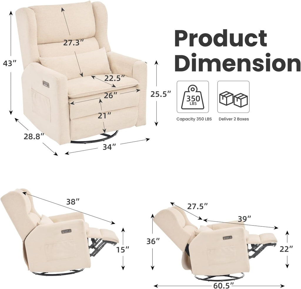 Oversized Swivel Rocker Recliner with Adjustable Headrest, 26' Extra Wide Glider Recliner Nursery Chair with Double Cushion, Chenille Glider Rocking Chair for Living Room,Cup Holder,Beige