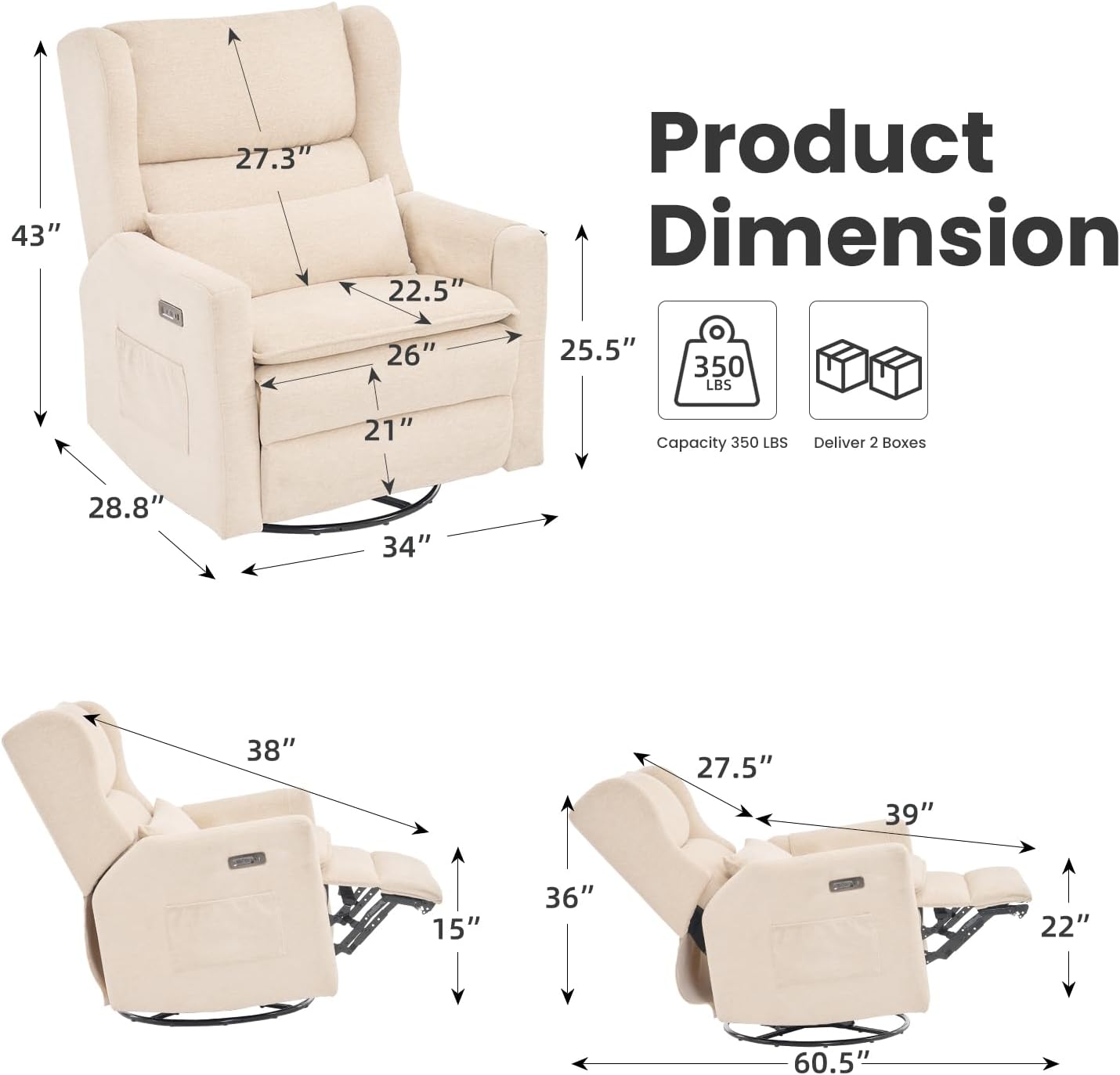 Oversized Swivel Rocker Recliner with Adjustable Headrest, 26' Extra Wide Glider Recliner Nursery Chair with Double Cushion, Chenille Glider Rocking Chair for Living Room,Cup Holder,Beige