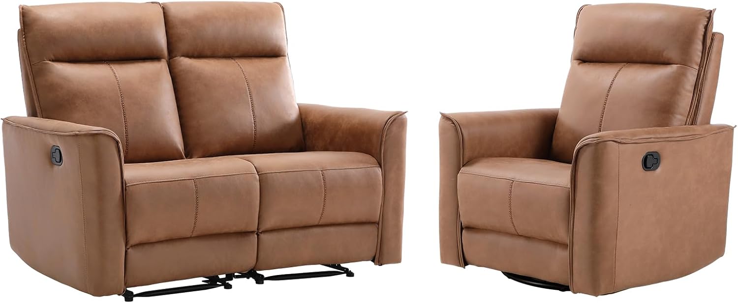 EBELLO Manual Recliner Sofa Furniture Set for Living Room, Included 1 Seat Swivel Glider Recliner Chair and a Wall-Hugger 2 Seat Loveseat Reclining Couch for Home, Office, Brown