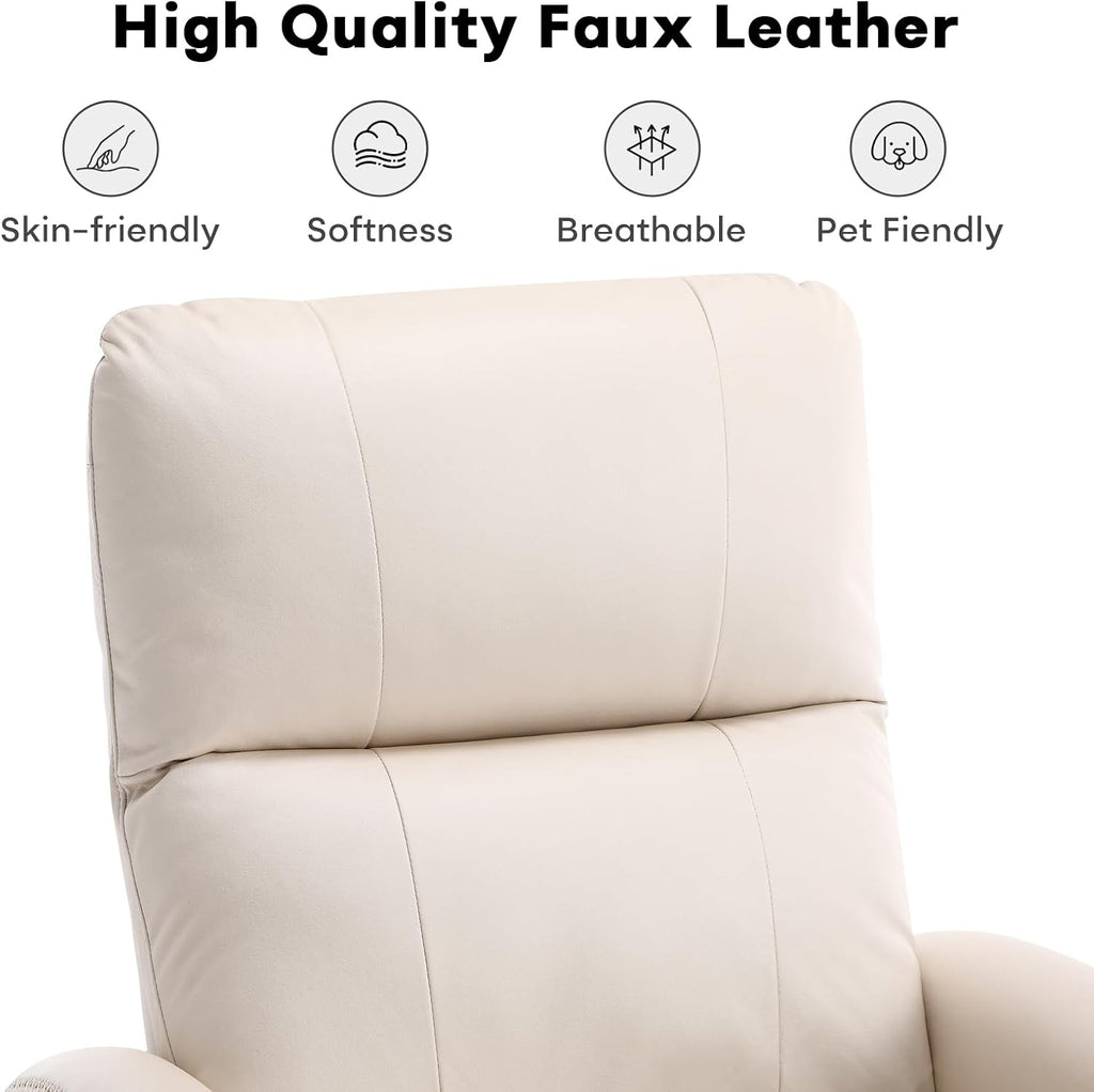 HAOMARKETS Swivel Rocker Recliner Chair, Manual Faux Leather Glider Rocking Recliners for Adults, 360° Swivel Nursery Reclining Sofa with Padded Backrest for Living Room, White
