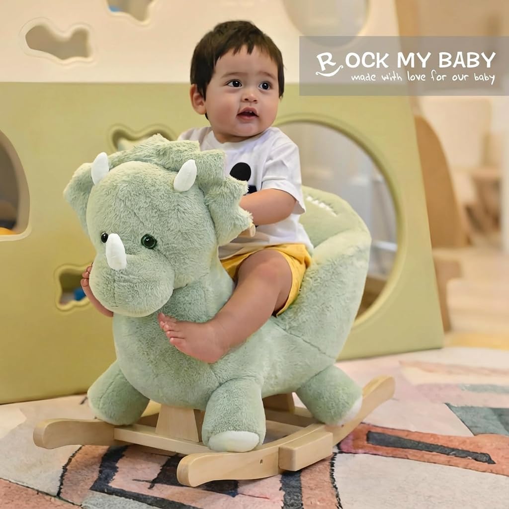 Rock My Baby Rocking Horse Green Dinosaur with Chair, Plush Stuffed Animal Rocker for Toddlers 1-3, Baby Rocker with Sweet Music, Wooden Rocking Horse Baby Animal Rocker,CPC Certified