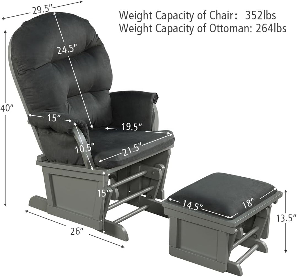 Costzon Baby Glider and Ottoman Cushion Set, Wood Baby Rocker Nursery Furniture for Napping, Nursing, Reading, Upholstered Comfort Nursery Chair w/Padded Armrests & Detachable Cushion (Dark Grey)