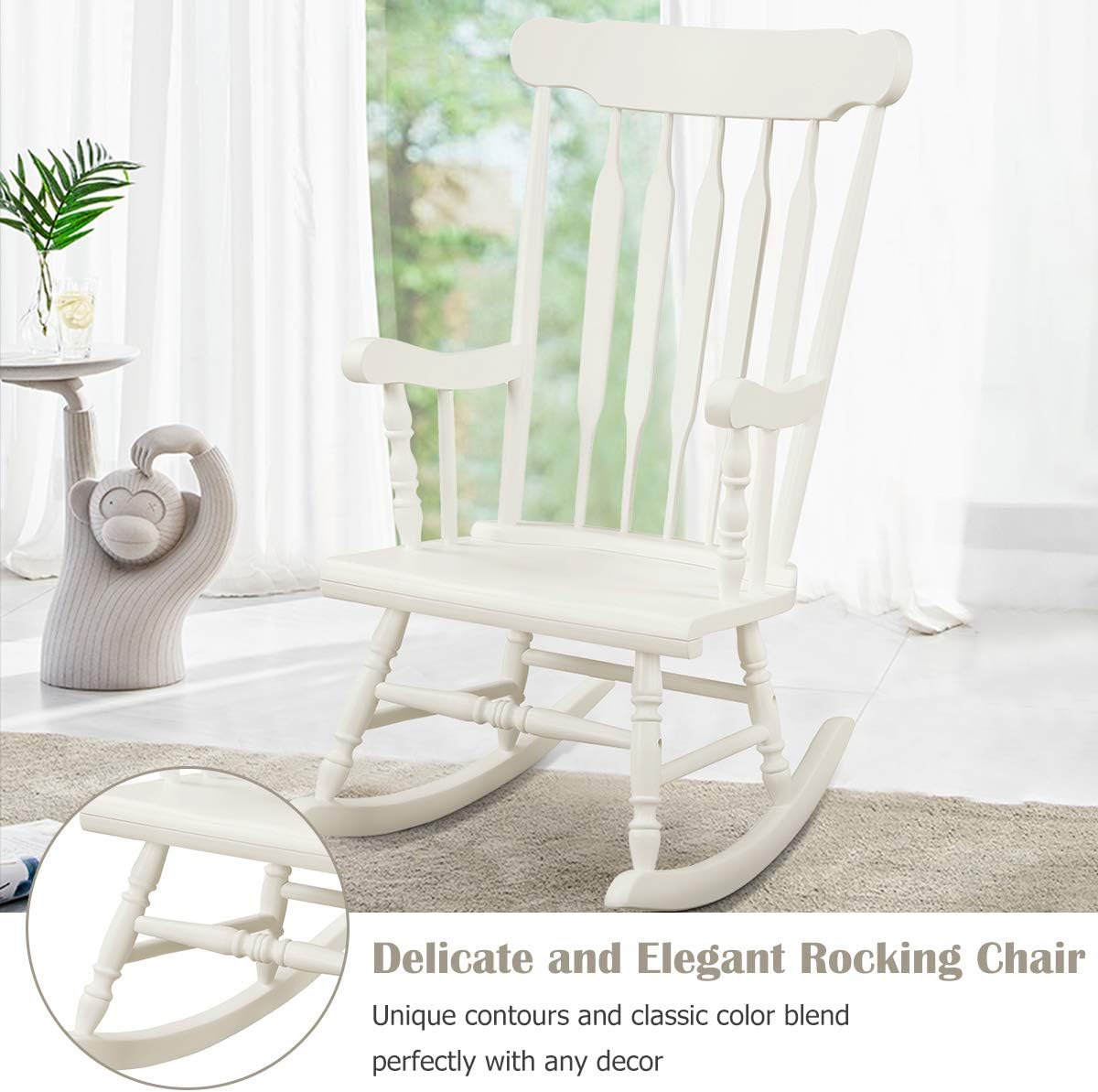 Giantex Outdoor Wood Rocking Chair - Patio Rocking Chair with Solid Rubber Wood Frame, Slat Back, Outside & Indoor Rocker for Garden, Poolside, Balcony, Backyard, Lawn, Front Porch Rocker, White