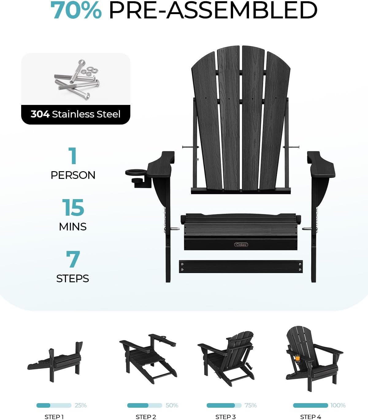 Ciokea Folding Adirondack Chair 4 Pack, Patio Adirondack Chair Weather Resistant, Plastic Fire Pit Chair with Cup Holder, Lawn Chair for Outdoor Porch Garden Backyard Deck (Black)