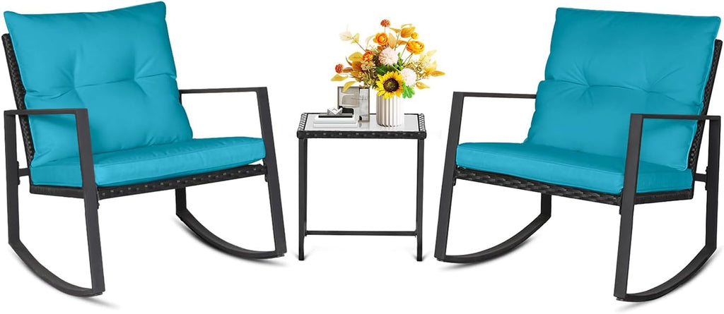 SUNCROWN 3 Piece Outdoor Rocking Bistro Set Black Wicker Furniture Porch Chairs Conversation Sets with Glass Coffee Table, Light Blue