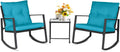 SUNCROWN 3 Piece Outdoor Rocking Bistro Set Black Wicker Furniture Porch Chairs Conversation Sets with Glass Coffee Table, Light Blue