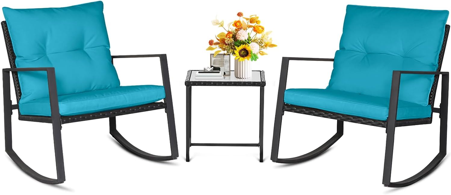 SUNCROWN 3 Piece Outdoor Rocking Bistro Set Black Wicker Furniture Porch Chairs Conversation Sets with Glass Coffee Table, Light Blue